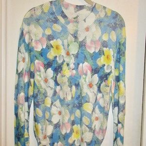 NWT Kenzo Paris L Floral LS Mesh Top Blue White Engineered Jumper Cotton Viscose